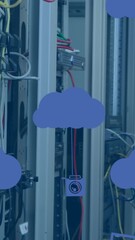 Poster - Animation of clouds icons over caucasian female worker inspecting server room