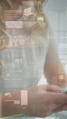 Poster - Animation of statistics and data processing over businesswoman using smartphone