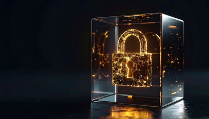Poster - Digital security concept with glowing padlock inside transparent cube representing data protection and cybersecurity in a high-tech dark environment