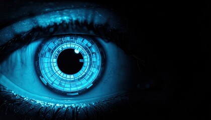 Poster - Close-up of a human eye with a futuristic digital blue interface design, high detail macro view highlighting the iris and surrounding eyelid in dark lighting