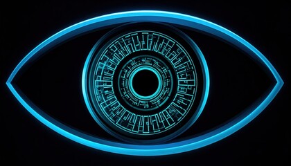 Poster - Futuristic digital eye interface with glowing blue holographic design and intricate circuit patterns for technology, science fiction, and innovation themes