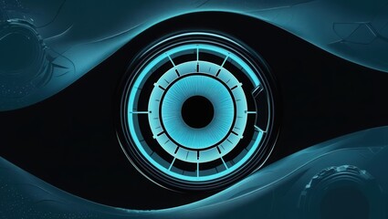 Poster - High-tech futuristic eye with glowing blue circular interface and digital elements suggesting advanced technology and innovation in cyber security