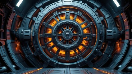 Poster - Futuristic high tech circular mechanical vault or safe door with glowing orange accents and metallic industrial details in a sci fi setting