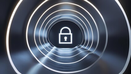 Poster - Futuristic glowing tunnel with concentric circles and a central lock icon symbolizing security, technology, data protection, digital encryption, and cybersecurity