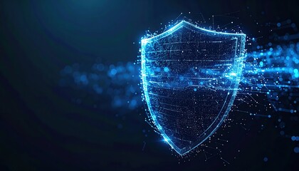 Poster - Futuristic digital shield representing cybersecurity protection with glowing blue effects and digital particles on dark background for digital security concept