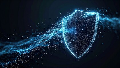 Poster - Futuristic digital shield icon with glowing blue particles representing cybersecurity and digital protection in a dark background for technology concepts