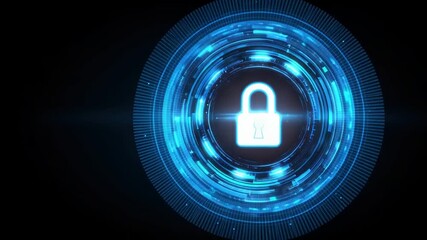 Glowing blue padlock hovers in digital space symbolizing security data protection cybersecurity encryption online safety network protection and privacy concept