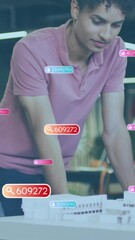 Poster - Animation of social media icons and numbers over diverse business people in office