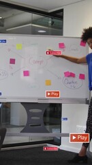 Poster - Animation of social media icons and data processing over african american businesswomen in office