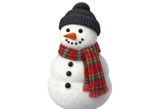 Winter snowman character wearing knitted accessories, 3d rendering with transparent backdrop, holiday graphic design element