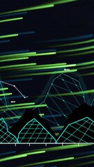 Poster - Animation of financial data processing over green light trails on black background