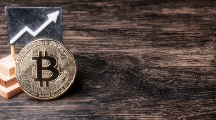 Poster - Bitcoin coin positioned next to a wooden block symbolizing stability and growth in the cryptocurrency market