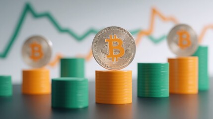 Poster - Bitcoin coin resting on stack of coins symbolizing financial growth and wealth accumulation in cryptocurrency market