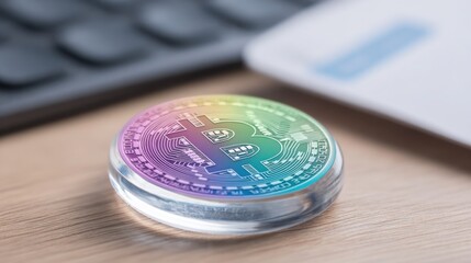 Poster - Bitcoin coin on desk surrounded by financial documents and technology representing digital currency investment