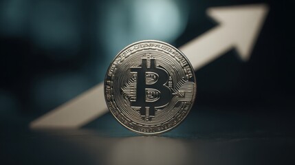 Poster - Bitcoin coin with arrow pointing upward indicating positive trends and growth in the cryptocurrency market dynamics