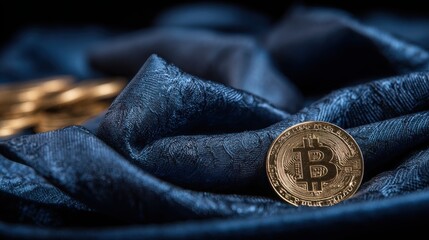 Poster - Bitcoin sitting on soft blue fabric highlighting its value in the digital currency market and economic landscape