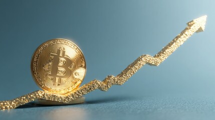 Poster - A gleaming gold bitcoin on a vibrant blue background showcasing the rising value and popularity of digital currency