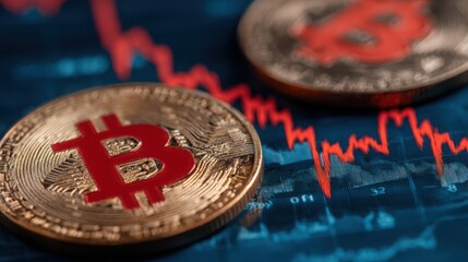 Aufkleber - Bitcoin coin positioned alongside a chart illustrating historical price movements and trends in the cryptocurrency market