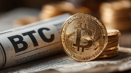 Poster - A bitcoin coin resting on a newspaper illustrating the intersection of cryptocurrency and traditional media coverage