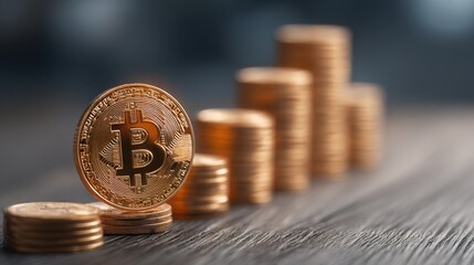 Poster - Bitcoin coin resting on a table representing macro tailwinds in cryptocurrency market with clean icon visual design