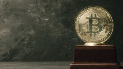 Poster - A bitcoin coin elegantly displayed on a wooden stand representing financial achievement in the cryptocurrency world