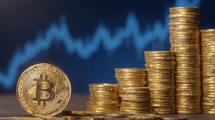 Poster - Stack of coins with a bitcoin on top illustrating financial trends and cryptocurrency investment concepts in elegance