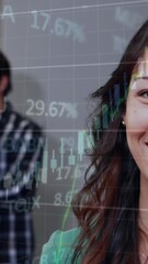 Poster - Animation of graphs and trading board, smiling businesswoman with coworkers in background
