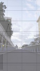 Poster - Animation of graphs, changing numbers, time lapse of diverse people walking against building and sky
