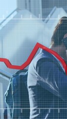 Poster - Animation of statistical data processing against asian man talking on smartphone on the stairs