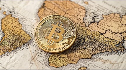 Poster - Gold bitcoin coin placed on a map representing the concept of automated crypto exchange and digital currency. Gold Bitcoin on World Map – Animated Video Version