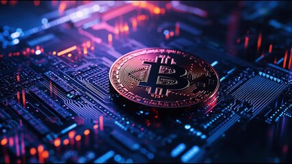 Poster - Bitcoin coin positioned on a circuit board symbolizing the intersection of cryptocurrency and technology advancement. Bitcoin on Circuit Board – Animated Video Version