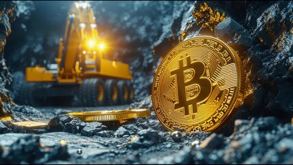 Poster - Bitcoin coin displayed within a mining site illustrating the process of crypto mining and the emergence of digital currency. Bitcoin in Mining Site – Animated Video Version