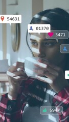 Poster - Animation of icons and data processing over woman drinking tea