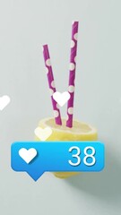 Aufkleber - social media likes animation over yellow cup with pink straws