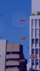 Poster - Play and Subscribe button animation over city buildings against blue sky