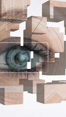 Poster - Multiple wooden blocks over close up of female eye against grey background