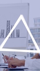 Poster - In meeting room, professionals discussing strategy with geometric animation on screen