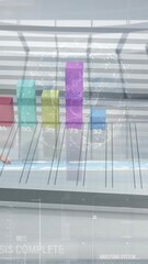  - Analyzing colorful 3d bar graph, businesswoman using digital tablet in office animation