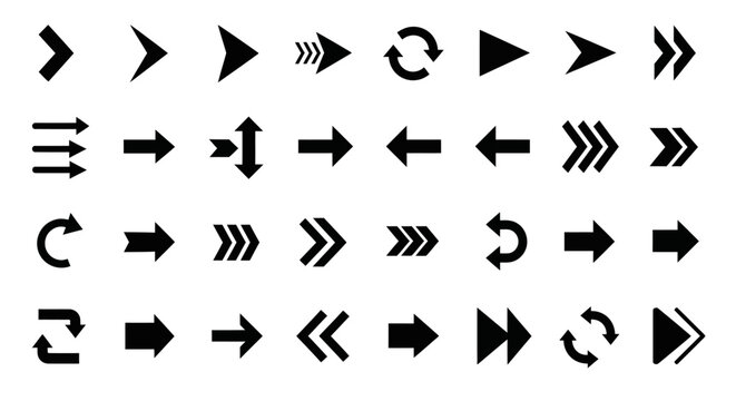 Collection of various black arrow icons on a white background, representing different directions and actions.