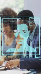 Poster - Business colleagues discussing work with digital data processing animation overlay