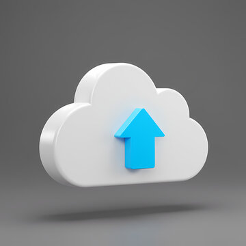 A 3D rendered cloud icon with a bright blue upward arrow.