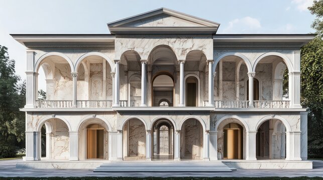 Grand neoclassical mansion rendered in marble, featuring multiple arched entries, balconies, and columns, set against a tranquil landscape