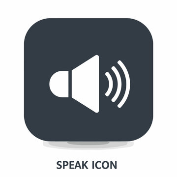 White speaker icon with sound waves on a dark blue rounded square background, representing audio or volume.