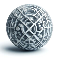 Poster - Complex geometric sphere with intricate patterns in a light gray color palette and smooth shadows.