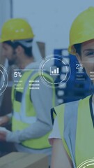 Poster - Warehouse workers wearing safety gear with data processing animation overlay