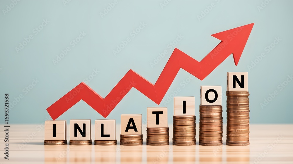 Red arrow graph rising over stacks of coins and word blocks inflation ...