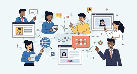 Poster - Diverse team members collaborate globally with network connections, presenting a modern and connected communication landscape.