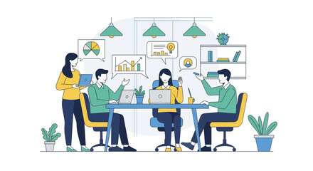 Poster - Team collaboration illustration showcases a diverse group working together in a modern office setting, brainstorming ideas and analyzing data charts.