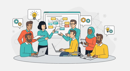 Poster - Diverse team brainstorms ideas in a meeting, collaborating on a flowchart, with lightbulb and gear icons representing innovation and problem-solving.