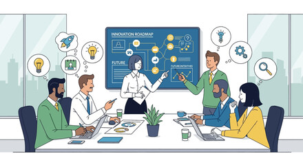Poster - Business colleagues collaborate on a project in a meeting, developing innovation roadmap, discussing future strategy, and sharing ideas for new products.